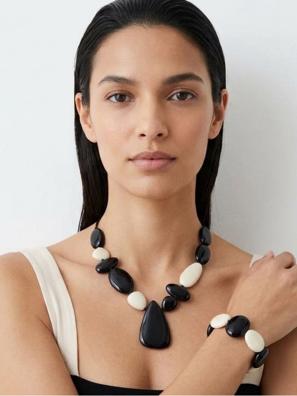 Chico's Black and White Statement Bead Necklace with Matching Bracelet